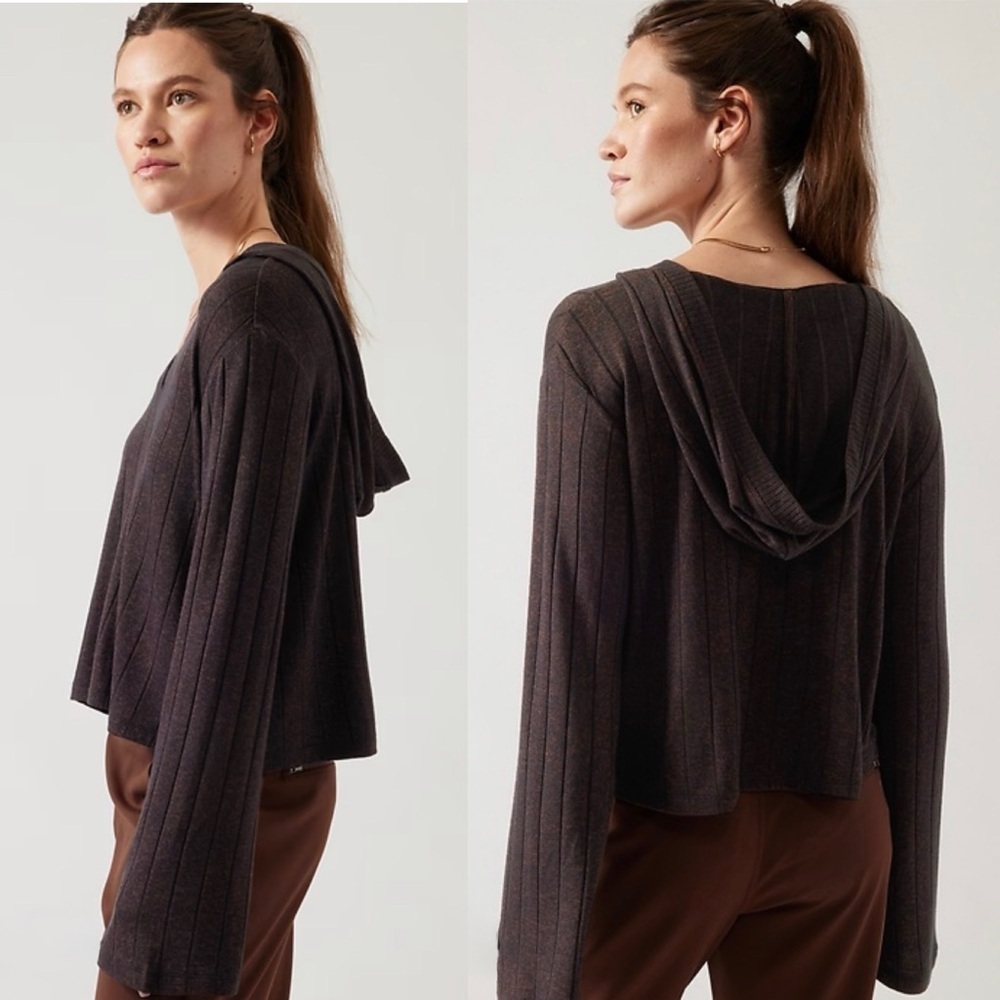 Athleta Harmony Hooded boxy ribbed top Mahogany - Picture 1 of 9